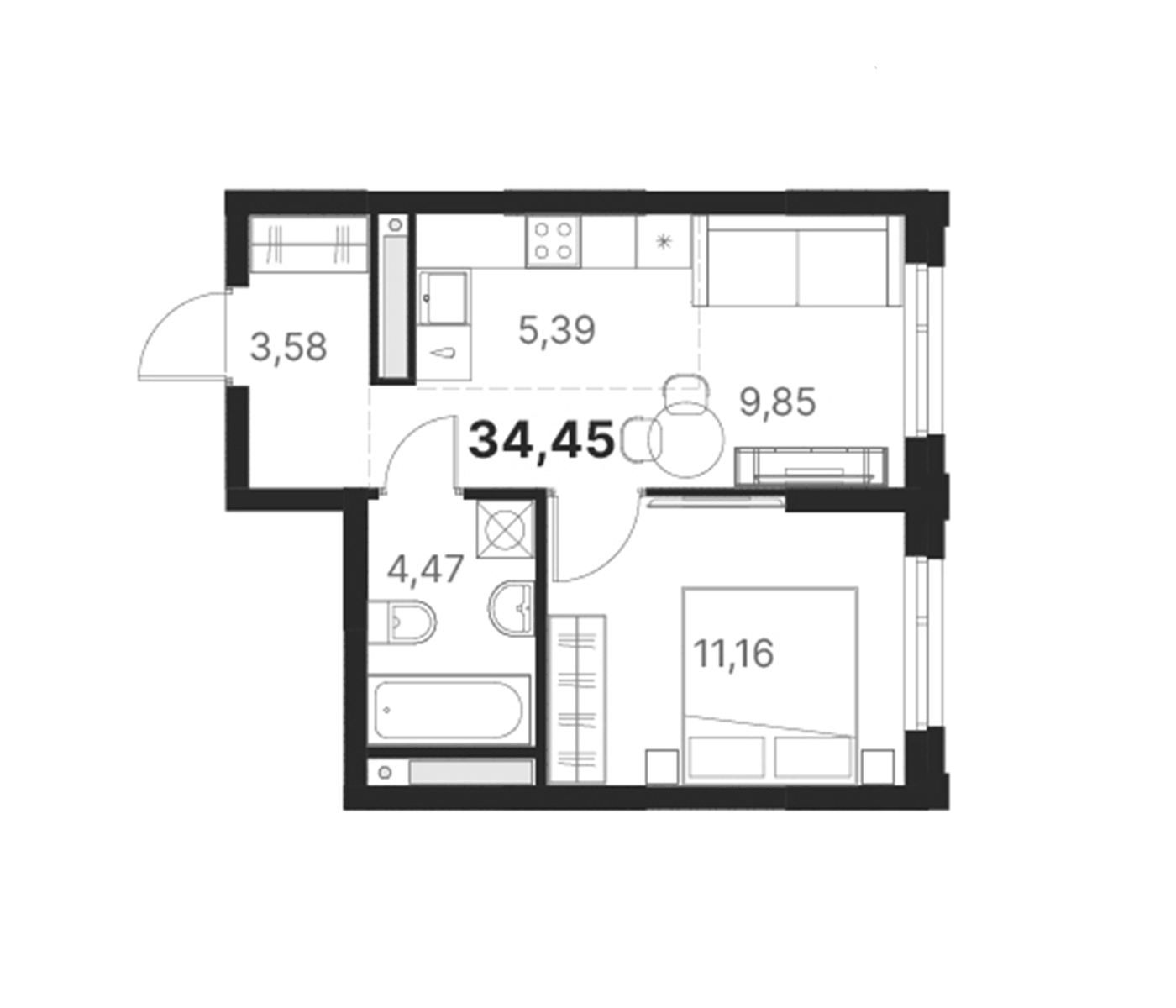 Планировка 1-к.кв, 34,45 м² в ЖК Атлас Юник