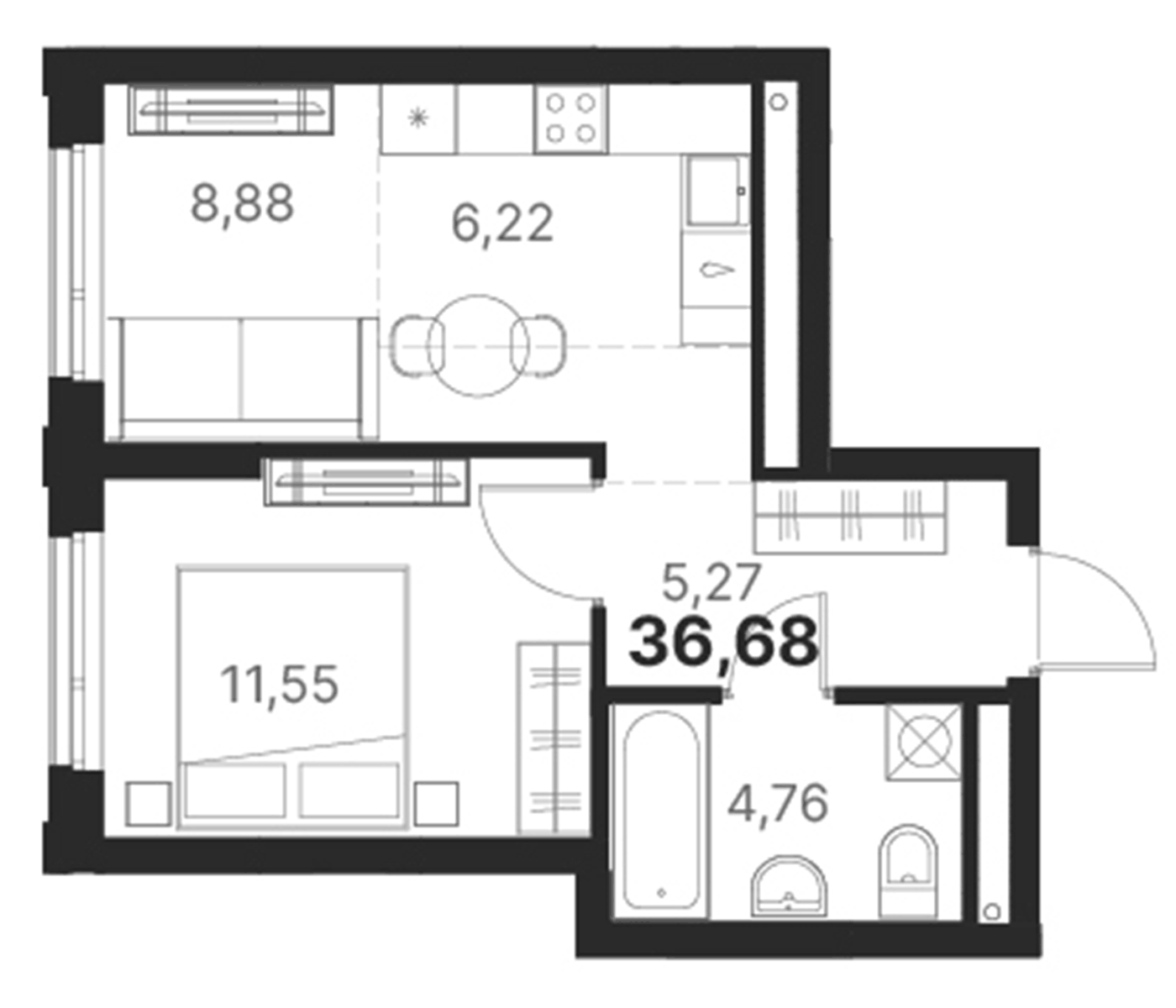 Планировка 1-к.кв, 36,68 м² в ЖК Атлас Юник