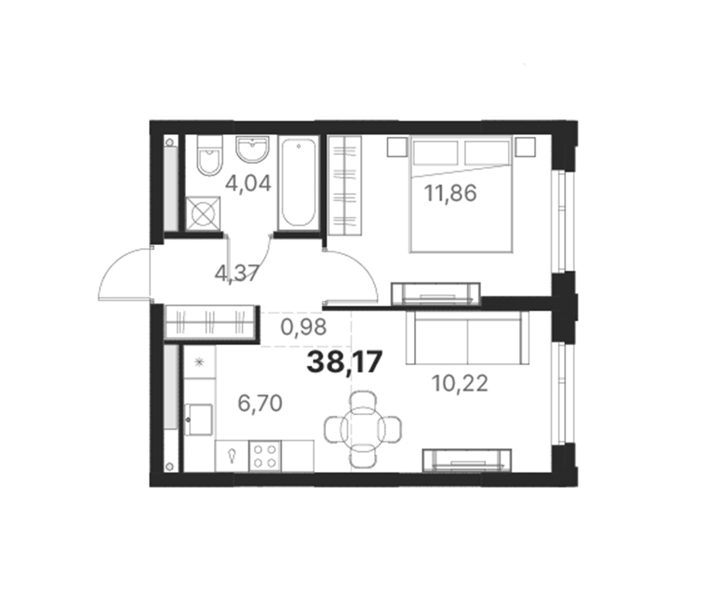 Планировка 1-к.кв, 38,17 м² в ЖК Атлас Юник