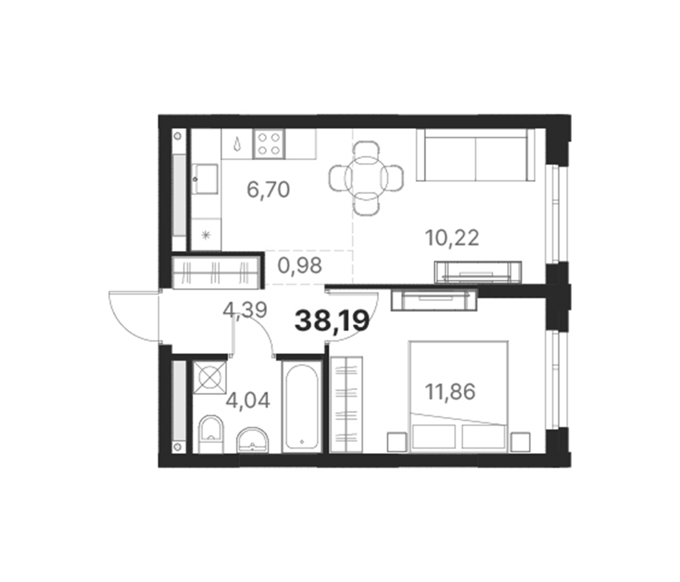 Планировка 1-к.кв, 38,19 м² в ЖК Атлас Юник