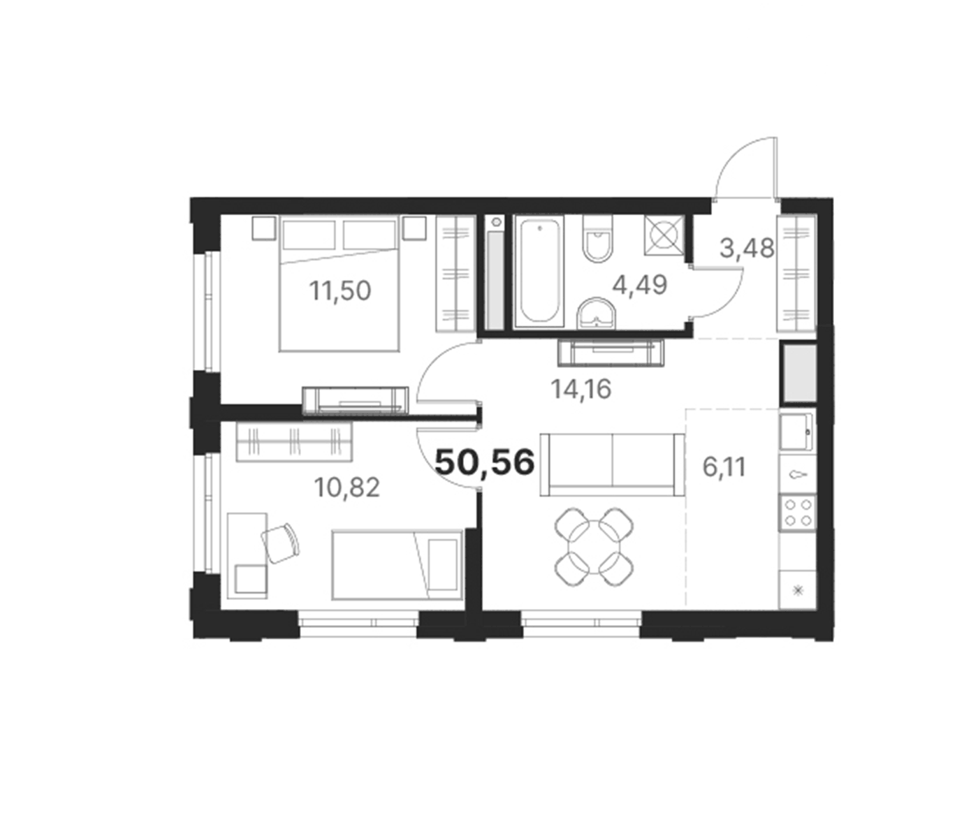 Планировка 2-к, 50,56 м² в ЖК Атлас Юник