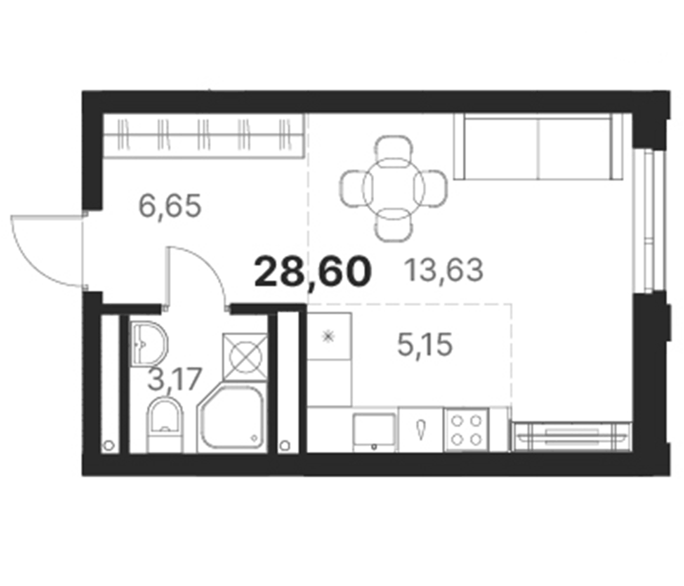 Планировка Студия, 28,6 м² в ЖК Атлас Юник