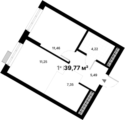 Планировка 1-к.кв, 39,77 м² в ЖК Атлас Визион