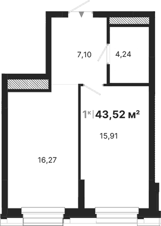 Планировка 1-к.кв, 43,52 м² в ЖК Атлас Визион