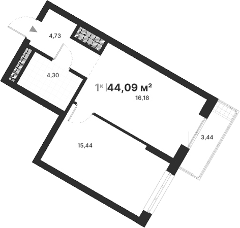 Планировка 1-к.кв, 44,09 м² в ЖК Атлас Визион