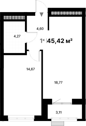 Планировка 1-к.кв, 45,42 м² в ЖК Атлас Визион