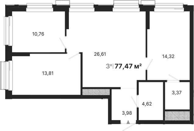 Планировка 3-к, 77,47 м² в ЖК Атлас Визион
