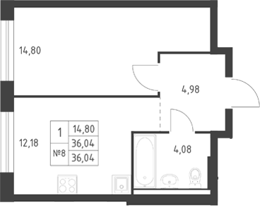 Планировка 1-к.кв, 36,04 м² в ЖК Ауруум
