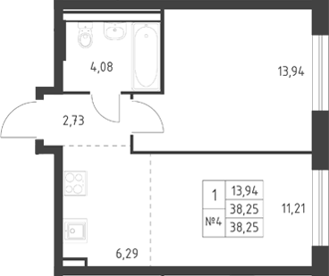 Планировка 1-к.кв, 38,25 м² в ЖК Ауруум