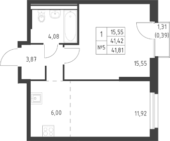 Планировка 1-к.кв, 41,81 м² в ЖК Ауруум