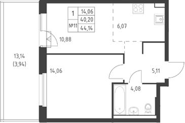 Планировка 1-к.кв, 44,14 м² в ЖК Ауруум