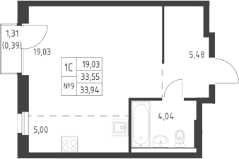 Планировка Студия, 33,94 м² в ЖК Ауруум