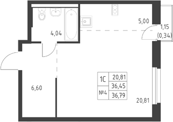 Планировка Студия, 36,79 м² в ЖК Ауруум