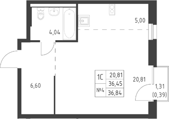 Планировка Студия, 36,84 м² в ЖК Ауруум