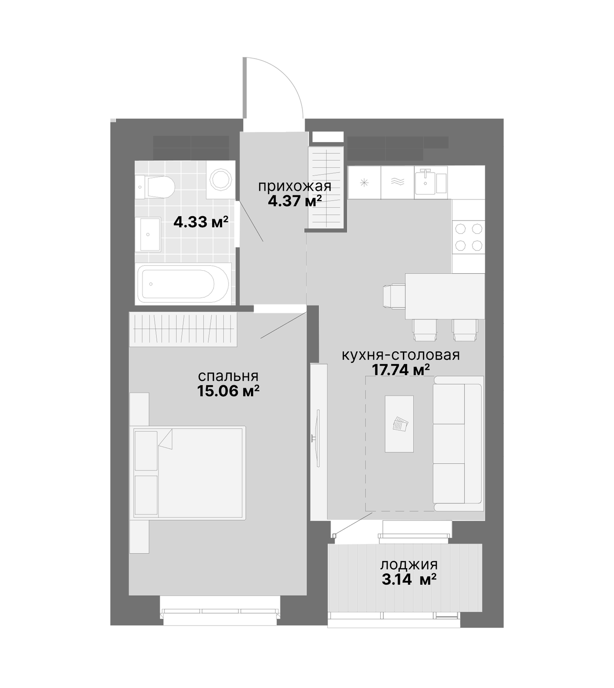 Планировка 1-к.кв, 44,64 м² в ЖК Авангард 3.0