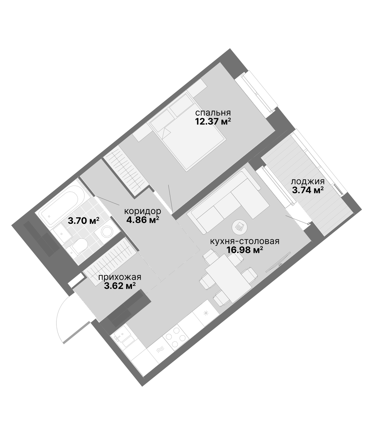 Планировка 1-к.кв, 45,27 м² в ЖК Авангард 3.0