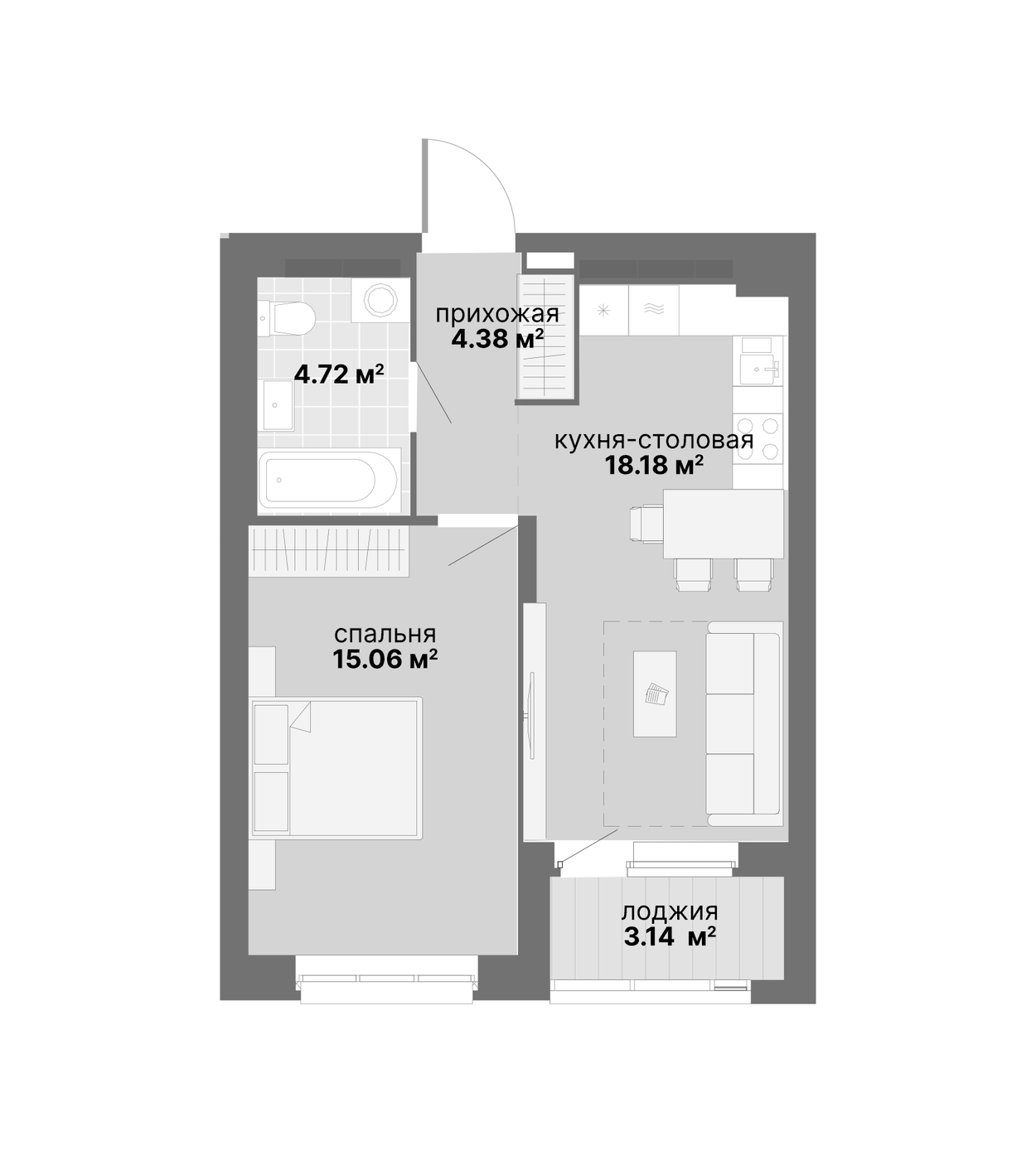 Планировка 1-к.кв, 45,48 м² в ЖК Авангард 3.0