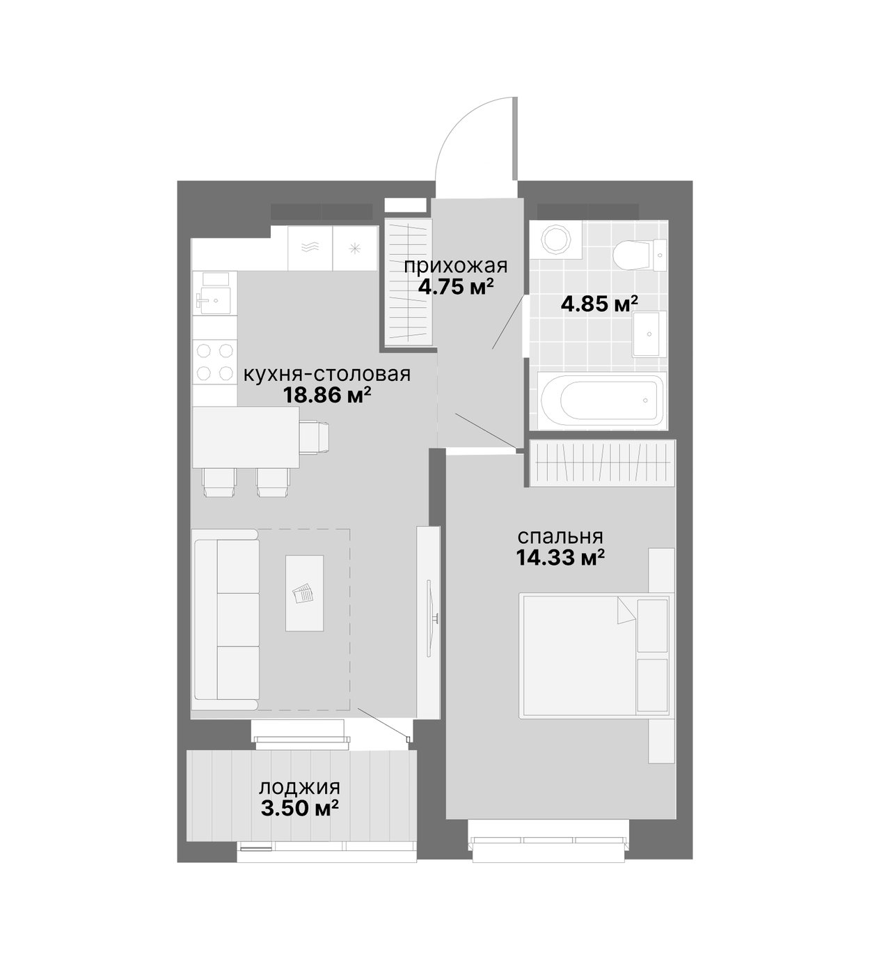Планировка 1-к.кв, 46,29 м² в ЖК Авангард 3.0