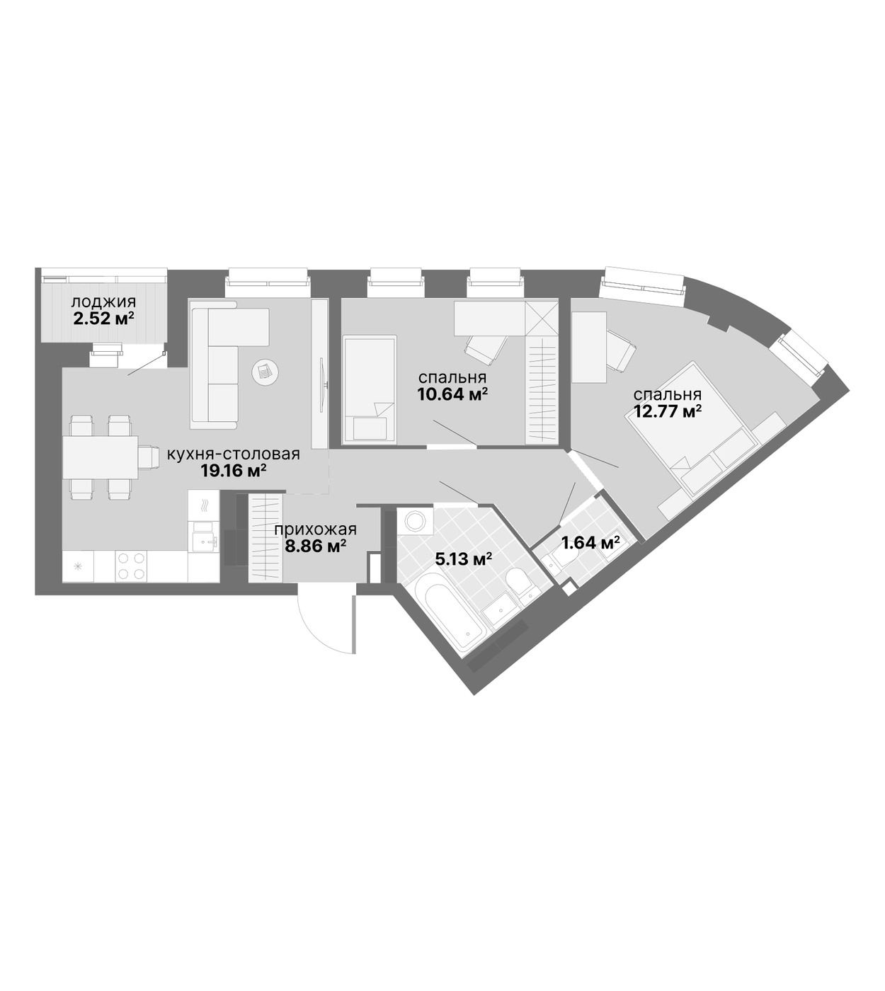 Планировка 2-к.кв, 60,72 м² в ЖК Авангард 3.0