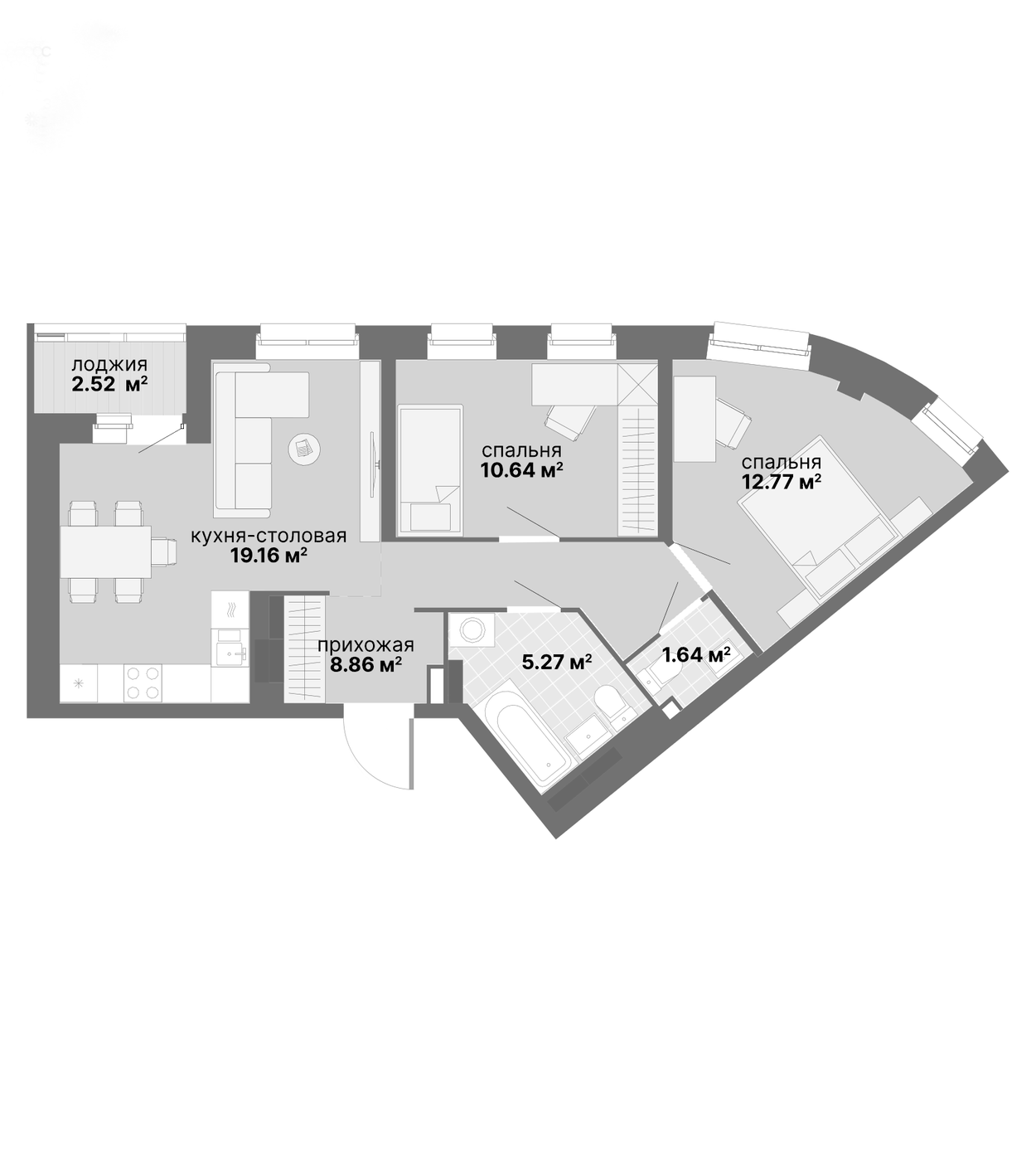 Планировка 2-к.кв, 60,86 м² в ЖК Авангард 3.0