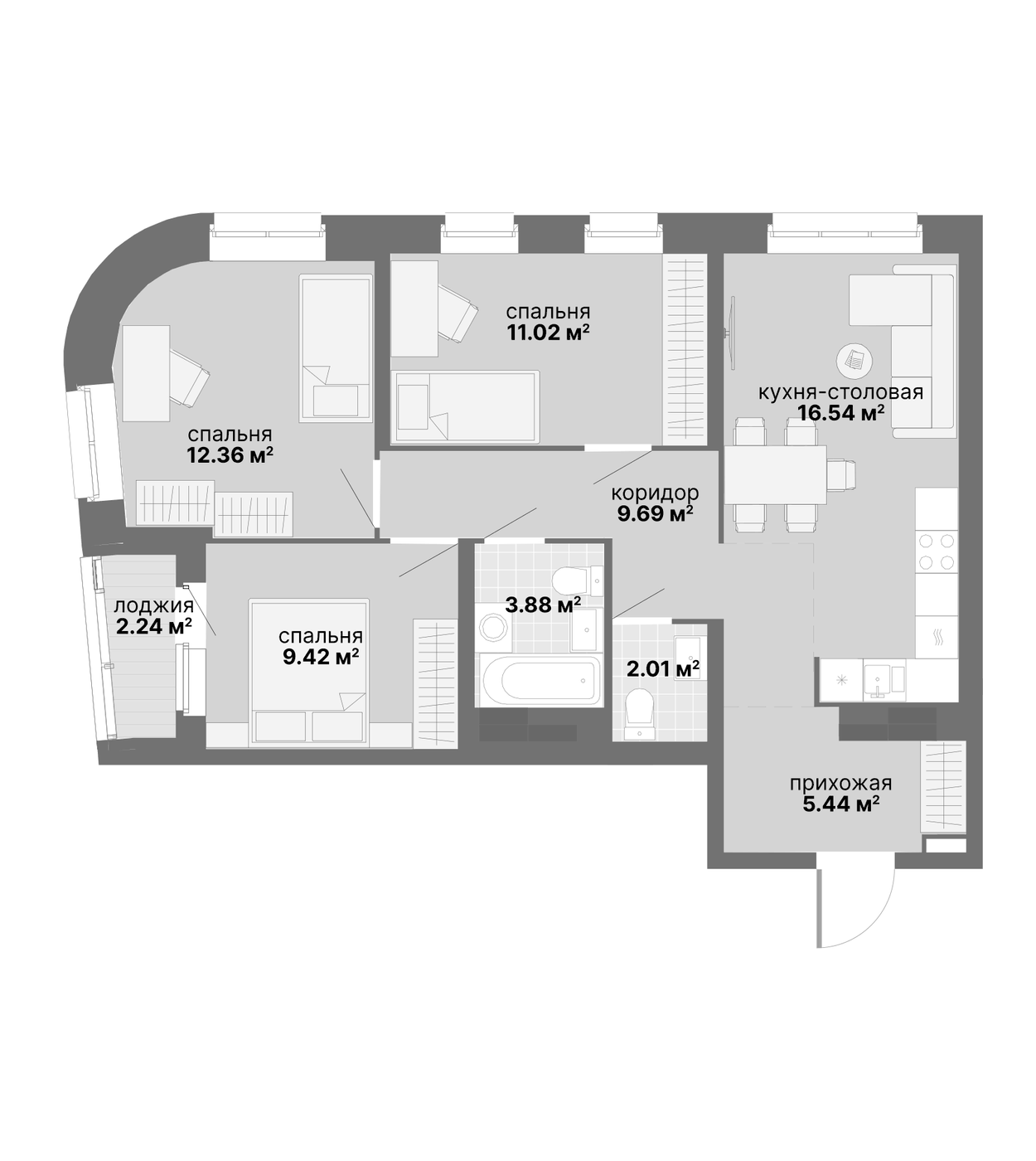 Планировка 3-к, 72,6 м² в ЖК Авангард 3.0