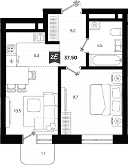 Планировка 2Е-к.кв, 37,5 м² в ЖК Азбука на Титова