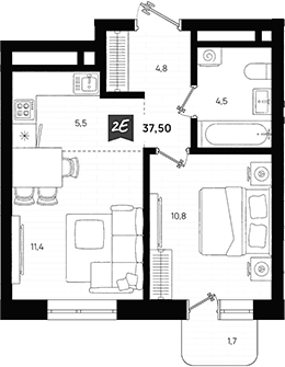Планировка 2Е-к.кв, 37,5 м² в ЖК Азбука на Титова