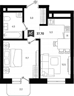 Планировка 2Е-к.кв, 37,7 м² в ЖК Азбука на Титова