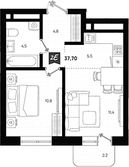 Планировка 2Е-к.кв, 37,7 м² в ЖК Азбука на Титова