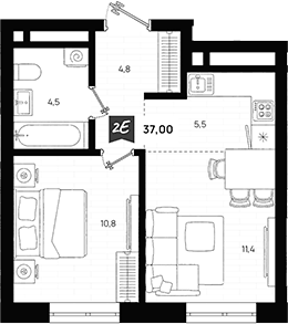 Планировка 2Е-к.кв, 37 м² в ЖК Азбука на Титова