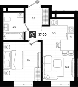 Планировка 2Е-к.кв, 37 м² в ЖК Азбука на Титова