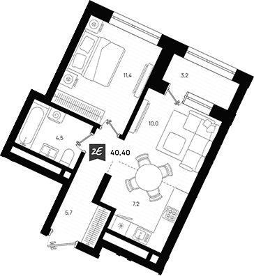 Планировка 2Е-к.кв, 40,4 м² в ЖК Азбука на Титова