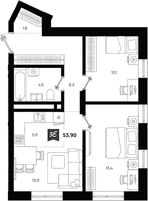 Планировка 3Е-к, 53,9 м² в ЖК Азбука на Титова