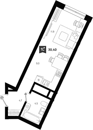 Планировка Студия, 30,4 м² в ЖК Азбука на Титова