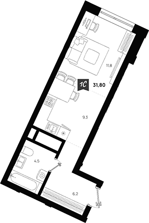 Планировка Студия, 31,8 м² в ЖК Азбука на Титова