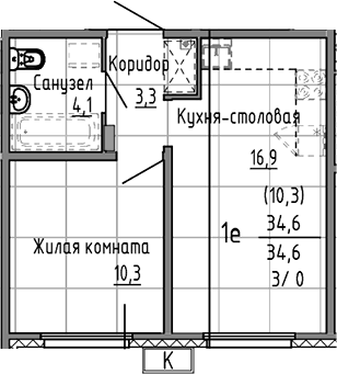 Планировка 2Е-к, 34,6 м² в ЖК Азина, 16