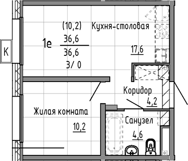 Планировка 2Е-к.кв, 36,6 м² в ЖК Азина, 16