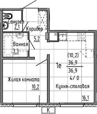 Планировка 2Е-к.кв, 36,9 м² в ЖК Азина, 16