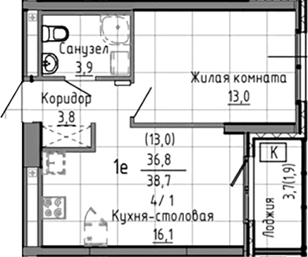 Планировка 2Е-к.кв, 38,7 м² в ЖК Азина, 16