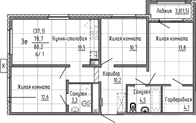 Планировка 4Е-к, 80,2 м² в ЖК Азина, 16