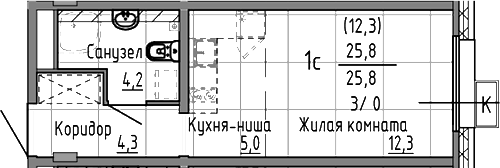 Планировка Студия, 25,8 м² в ЖК Азина, 16