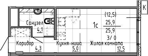 Планировка Студия, 25,9 м² в ЖК Азина, 16