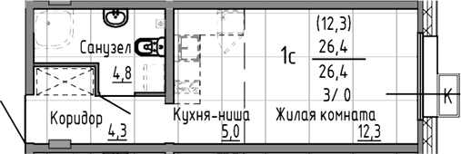 Планировка Студия, 26,4 м² в ЖК Азина, 16