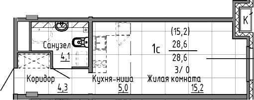 Планировка Студия, 28,6 м² в ЖК Азина, 16