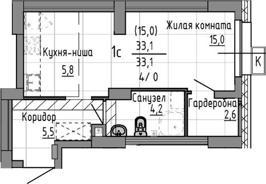 Планировка Студия, 33,1 м² в ЖК Азина, 16