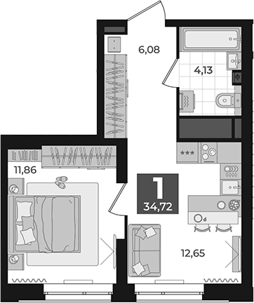Планировка 1-к.кв, 34,72 м² в ЖК Б-26 Дом на высоте
