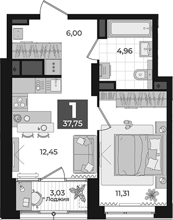 Планировка 1-к.кв, 37,75 м² в ЖК Б-26 Дом на высоте