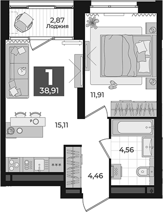 Планировка 1-к.кв, 38,91 м² в ЖК Б-26 Дом на высоте