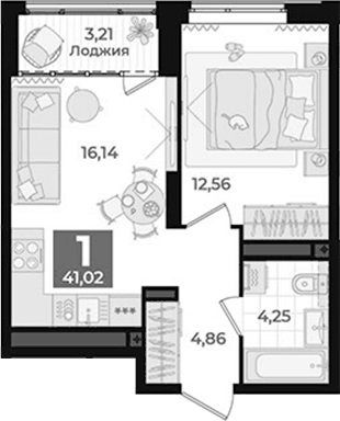Планировка 1-к.кв, 41,02 м² в ЖК Б-26 Дом на высоте