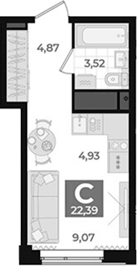 Планировка Студия, 22,39 м² в ЖК Б-26 Дом на высоте